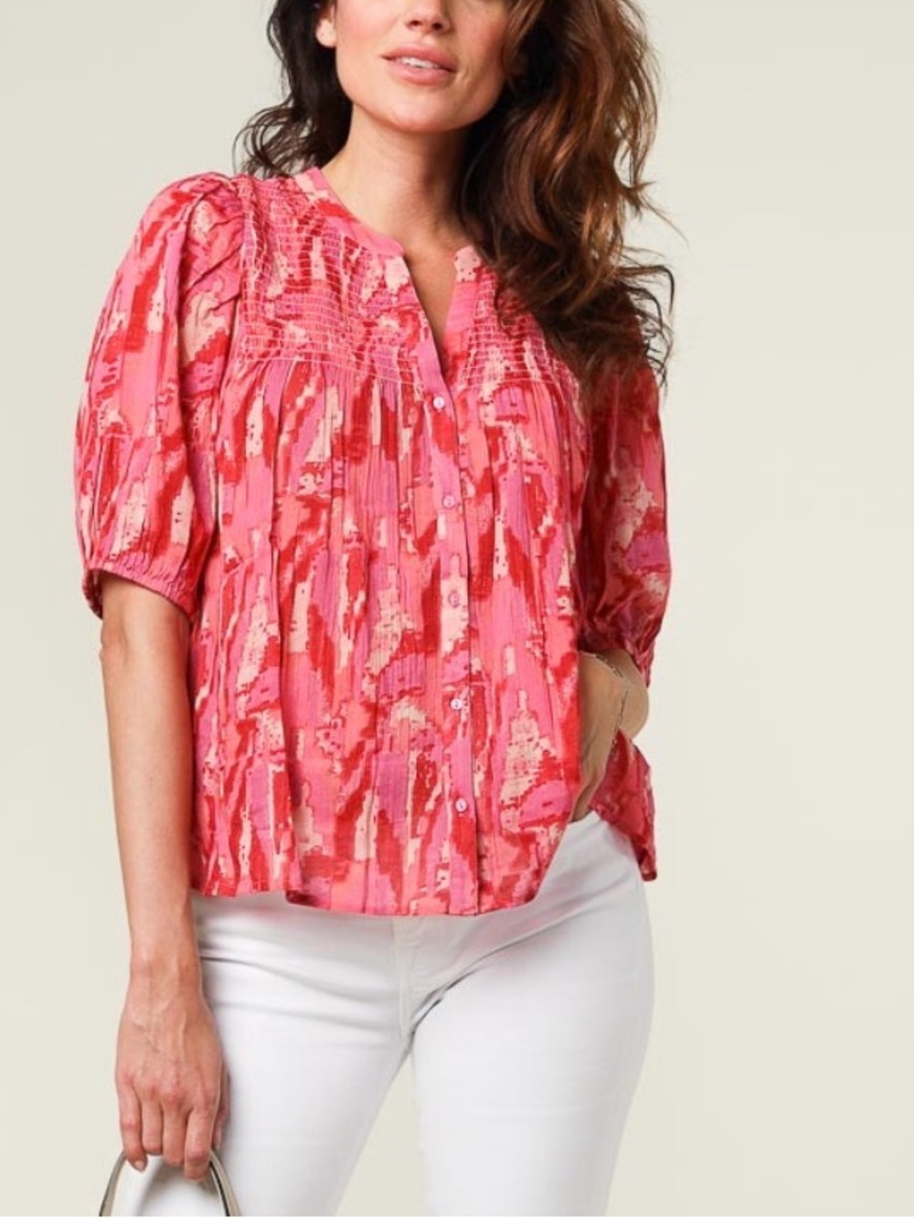 ba&sh Pink and Red Abstract Smocked Peasant Blouse